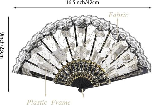 QIRMIZI 10 Pcs Rose Lace Folding Fans,Silk Folding Hand Fans, Perfect for Weddings, Parties, and Dancing,Black in Kuwait
