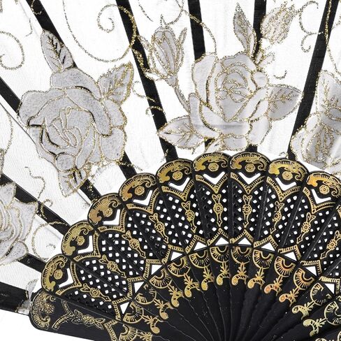 QIRMIZI 10 Pcs Rose Lace Folding Fans,Silk Folding Hand Fans, Perfect for Weddings, Parties, and Dancing,Black in Kuwait