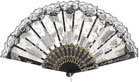 QIRMIZI 10 Pcs Rose Lace Folding Fans,Silk Folding Hand Fans, Perfect for Weddings, Parties, and Dancing,Black in Kuwait