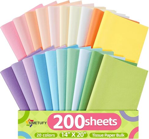 Simetufy 200 Sheets 14"x20" Tissue Paper for Gift Bags, 20 Pastel Colors in Kuwait
