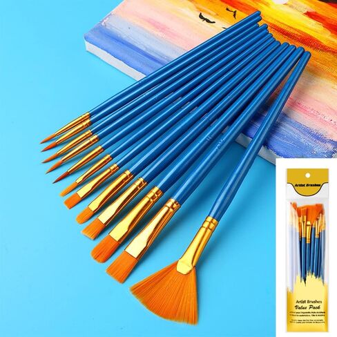 12Pcs Bristle Brush Set Flat Brushes Watercolor Oil Paint for Artists Amateur and Acrylic Paintings Fabric Brushes in Kuwait