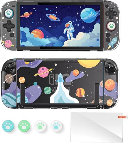 NANANINO Switch Clear Glitter Case, Switch TPU Case, Switch Protective Case with Animal Crossing Thumb Grips and Tempered Glass Screen Protector - Rocket Theme in Kuwait