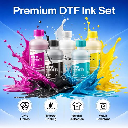 Procolored DTF Printer Ink Set, 5 Colors CMYKW 250ml Bottles, Direct to Film Transfer Ink with 250ml Nozzle Cleaning Solution & 500g DTF Powder for DTF Printer T-Shirt Printing in Kuwait
