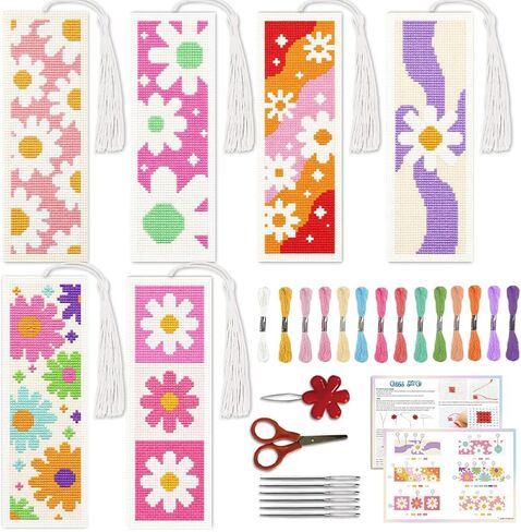 ACRNIGHEET 6PCS Cross Stitch Bookmark Kit for Beginner Cool Cat Stamped Cross Stitch Kits Needlepoint Kit for Adults DIY Tassel Embroidery Bookmark Kits with Instructions Craft Gift 8.5"x3" 11CT in Kuwait