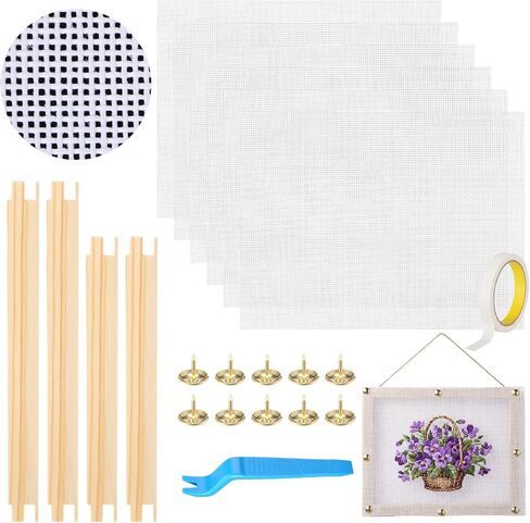 Moukeren Needlepoint Canvas Kit with 6 Pcs 13 Mesh Cotton Canvas 6 x 8 Inches, Wooden Stretcher Bars, Gold Push Pins, Craft Spudger & Masking Tape, Complete DIY Embroidery Supplies for Beginners in Kuwait