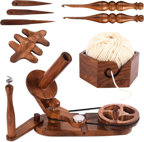 Brainmart Rosewood Yarn Winder & Swift with Wooden Yarn Bowl – 30pcs Crochet Kit | Handcrafted Wooden Ball Winder, Crochet Hooks Set, Bobbins, Weaving Needles for Knitting, Crocheting & Weaving in Kuwait
