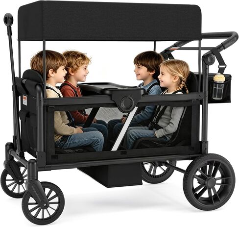 Stroller Wagon for 4 Kids, Foldable 4 Seats Outdoor Stroller Wagon with Side Entry & 5-Point Safety Harness, Foldable Wagon Cart with Adjustable Push & Pull Handle, Removable Canopy (Black) in Kuwait
