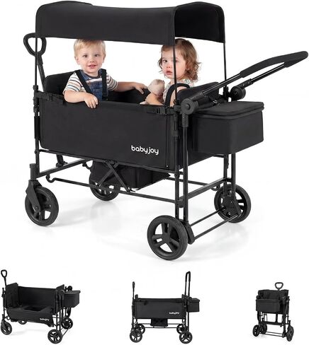 BABY JOY Wagon Stroller for 2 Kids, Foldable Side-Unzip Stroller Wagon with Adjustable Push/Pull Handle, Removable Canopy, Storage Bag, Harness & All-Terrain Wheels for Zoo, Beach & Travel (Black) in Kuwait