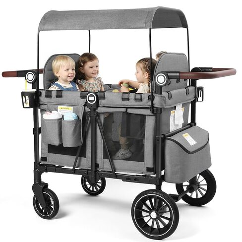 Kinder King Wagon Stroller for 4 Kids, Adjustable Handle, Black&Grey in Kuwait