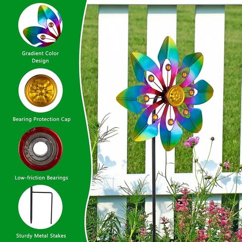 VEWOGARDEN 2 حزمة من دوارات الرياح في الهواء الطلق، دوارة رياح معدنية مع تصميم زهور لتزيين الحديقة في الفناء، ملونة in Kuwait