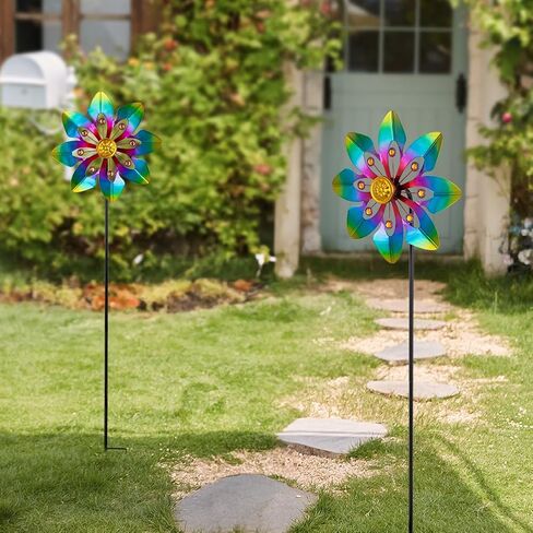 VEWOGARDEN 2 حزمة من دوارات الرياح في الهواء الطلق، دوارة رياح معدنية مع تصميم زهور لتزيين الحديقة في الفناء، ملونة in Kuwait