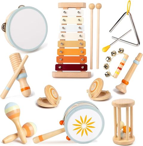 Wooden Musical Instruments Set for Kids, Music Toy with Xylophone, Drum, Maracas, Educational Percussion Set, Gift for Boys and Girls 3 Years and Up in Kuwait