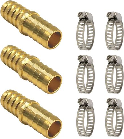 LIONMAX Hose Barb Fitting 3 PCS, 5/8 Inch to 5/8 Inch Barb Hose ID, Barb Splicer Mender, Brass Barb Union Hose Fittings, with 6 Hose Clamps, for Air/Water/Fuel/Oil in Kuwait