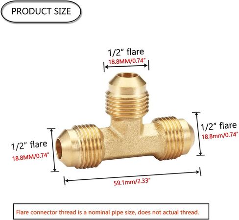 HQMPC Flare Fitting Brass Tube Tee 1/2" Flare Fitting Gas Tee 2Pcs in Kuwait