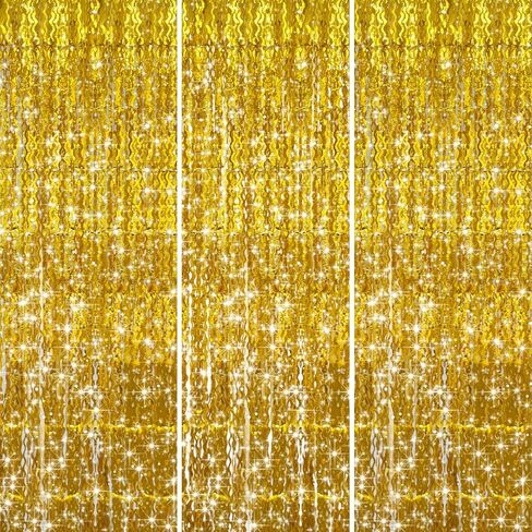 Tinsel Backdrop, 3packs Foil Fringe Curtains, Wavy Party Streamers Decorations, Sparkle Party Backdrop for Birthday/Wedding/Graduation/Christmas（Gold） in Kuwait