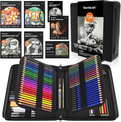 Shuttle Art 103 PCS Drawing Kit, Professional Drawing Supplies with Sketch, Charcoal, Colored, Graphite, Pastel Pencils & Sticks, Complete Drawing Tools and Paper Pads in Zipper Case for Artists&Kids in Kuwait