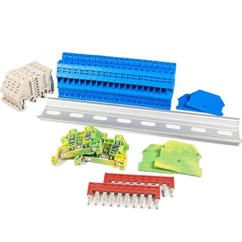 DIN Rail Terminal Block Kit #2 Red/Black Dinkle 20 DK4N 10 AWG Gauge 30A 600V Ground DK4N-PE Jumper DSS4N-10P End Covers End Brackets in Kuwait