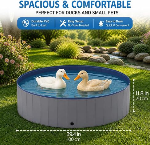 Foldable Duck Pool: Upgraded Version 6.6 lbs Portable Hard Shell Duck Pond for Ducks Dogs Cats 39.4x11.8 Inch Collapsible Pet Bath Tub Indoor Outdoor Use (Gray and Dark Blue) in Kuwait