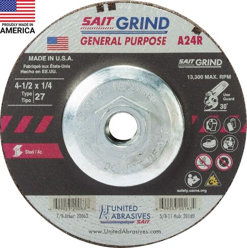 United Abrasives-SAIT 20063 A24R للأغراض العامة/عجلة طحن طويلة العمر (النوع 27/مركز منخفض) 4 1/2 بوصة × 1/4 بوصة × 7/8 بوصة، 25 عبوة in Kuwait