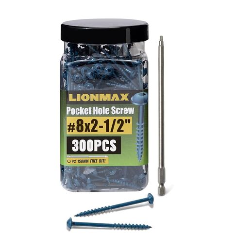Pocket Hole Screws 2-1/2 Inch, LIONMAX Pocket Screws #8 x 2-1/2" 300PCS for Exterior, Blue Coated Pocket Hole Screw, Coarse Thread, Washer Head with Square Drive, 150MM Drive Bit Included in Saudi Arabia