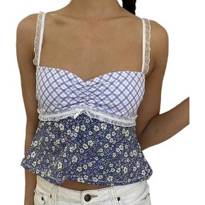 Women Y2k Spaghetti Strap Lace Camisole Sleeveless Floral Print Ruffle Cami Top Slim Fit Crop Tops Streetwear