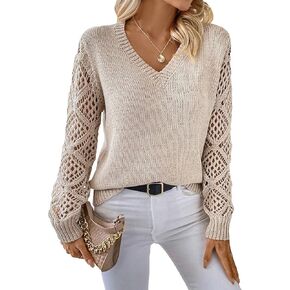 GORGLITTER Women's Hollow Out Sweater V Neck Long Sleeve Knit Pullover Top