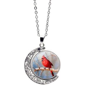 WUSUANED Oval Glass Cardinal Bird Necklace Red Cardinal Bird Memorial Jewelry Family Loss Gift