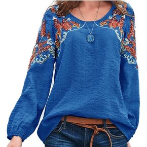 Womens Long Sleeve Mexican Blouse Round Neck Pullover Embroidered Tops Loose Linen Peasant Shirts