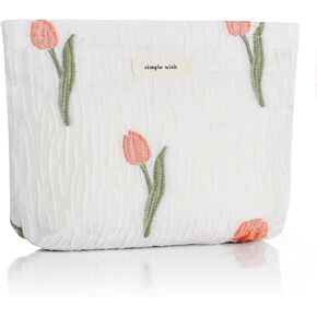 Aesthetic Makeup Bag, Large Capacity Cosmetic Bag Canvas Floral Makeup Bag, Travel Pouch Make Up Purse Toiletry Storge Bag for Women (White Tulip)