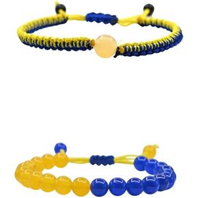 COLORFUL BLING 2 Pcs Set Ukraine Flag Bracelet with Natural Crystal Bracelet + Ukrainian Yellow Blue Bracelet Hand Braided Bracelet for Men Women Kids Unisex.