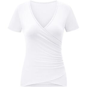 Qzzater Women's Sexy Tops Deep V Neck Wrap T-Shirts Short Sleeve Criss Cross Ruched Blouses Shirts Tops