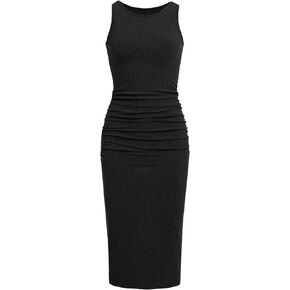 Verdusa Girl's Split Ruched Ribbed Tank Dress Round Neck Sleeveless Ribbed Knit Bodycon Midi Dress