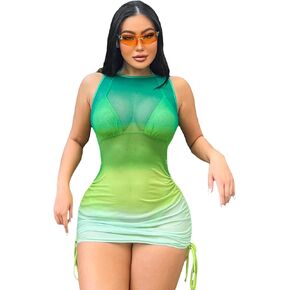 GORGLITTER Women's 3 Piece Bikini Set Halter Triangle Swimsuit with Mesh Drawstring Side Cover Up
