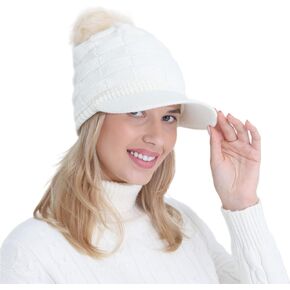 Winter Women Girls Knitted Hats Warm Knit Snow Ski Visor Beanie Skull Cap with Faux Fur Pom Pom Ball