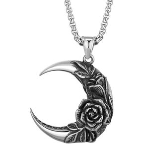 Jude Jewelers Stainless Steel Moon Crescent Shape Rose Flower Antique Vintage Cocktail Party Biker Pendant Necklace