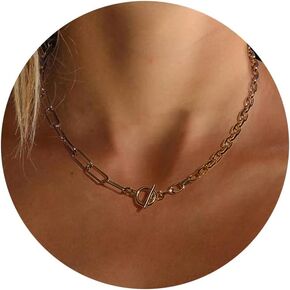 Paperclip Chain Necklace 18K Gold Plated Rope Chain Oval Link Chain Choker Toggle Clasp Short Layering Choker Necklace Jewelry for Women 16''