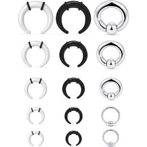 Lcolyoli Large Septum Rings 14G 12G 8G 6G 4G PA Ring Spring Action Captive Bead Ring Stainless Steel & Acrylic Pincher Tapers C Shape Buffalo Stretcher Expander for Women Men