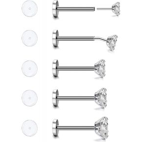 ZS 16G 18G 20G Threadless Push in Nose Studs Rings for Women, 5 Pieces Stainless Steel Lip Labret Rings Medusa Tragus Piercings Jewelry Diamond CZ 2-6mm