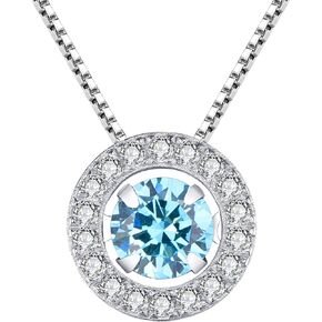 YL Round Halo Necklace Sterling Silver Dancing Diamond Solitaire Pendant Round Created Emerald/Ruby/Sapphire/Zirconia Jewelry for Women