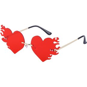 Melting Flame Heart Sunglasses For Women Men Novelty Rimless Heart On Fire Shaped Glasses Funny Rave Party Eyewear