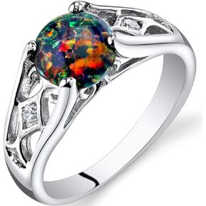 PEORA Created Black Fire Opal Ring for Women 925 Sterling Silver, Venetian Vintage Design, 1 Carat Round Shape 7mm, Sizes 5 to 9