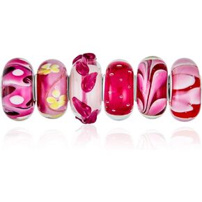 Bling Jewelry Mixed Set Of Bundle .925 Sterling Silver Core Translucent Shades Of Red Rose Pink Murano Glass Swirl Flower Charm Bead Spacer Fits European Bracelet For Women Teen