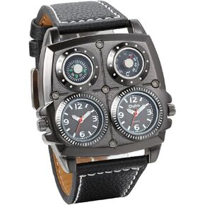 JewelryWe Mens Watch Dual Time Zone Cool Black Army Quartz Watch Military Leather Strap Casual Sports Wristwatches, for Halloween Xmas