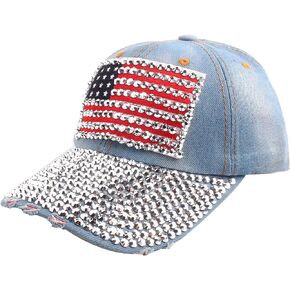 Unisex Rhinestone US Flag Distressed Washed Denim Baseball Cap Shiny Bling Frayed Brim Hat