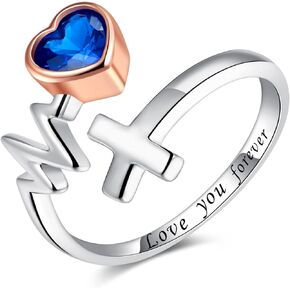 925 Sterling Silver Adjustable Rings Faith Hope Love Ring Paramedics Heartbeat/Angel Wing Rings for Doctor Nurse Medical Student Inspirational Jewelry for Women