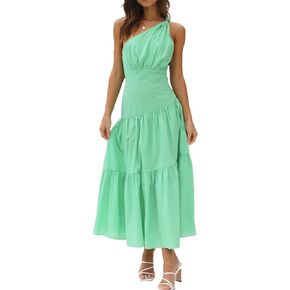 R.Vivimos Women's Summer Cotton Boho One Shoulder Knot Sleeveless Ruffle A-Line Flowy Midi Dress