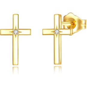 14k Real Gold Cross Earrings for Women Delicate Gold Diamond Christian Religious Gold Cross Stud Earrings Jewelry Christmas Gifts for Mom Girl Wife