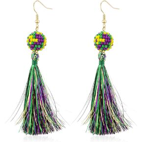 Mardi Gras Earrings for Women Handmade Braid Beaded Coloured Ribbon Tassel Dangle Earrings Mardi Gras Gifts Holiday Party Outfit Costume Carnival Decorations Accessories