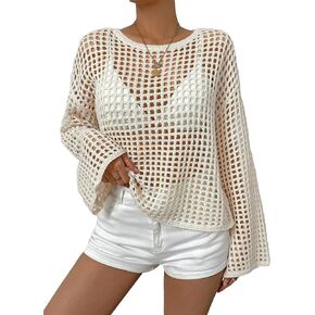 Milumia Women's Hollow Out Crochet Long Sleeve Drop Shoulder Knit Pullover Sweater Tops