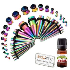 BodyJ4You 38PC Gauges Kit Ear Stretching Jojoba Oil Wax Premium Stretched Ear Lobe Balm Aftercare Cream 14G-00G Surgical Steel Tunnel Plug Taper Set